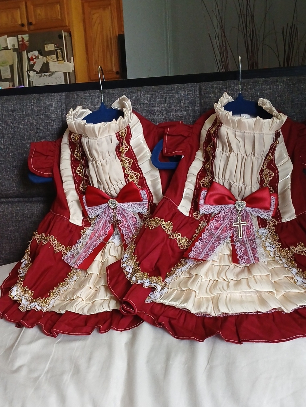Red and Cream Pet Dress with Decorative Bow and Lace